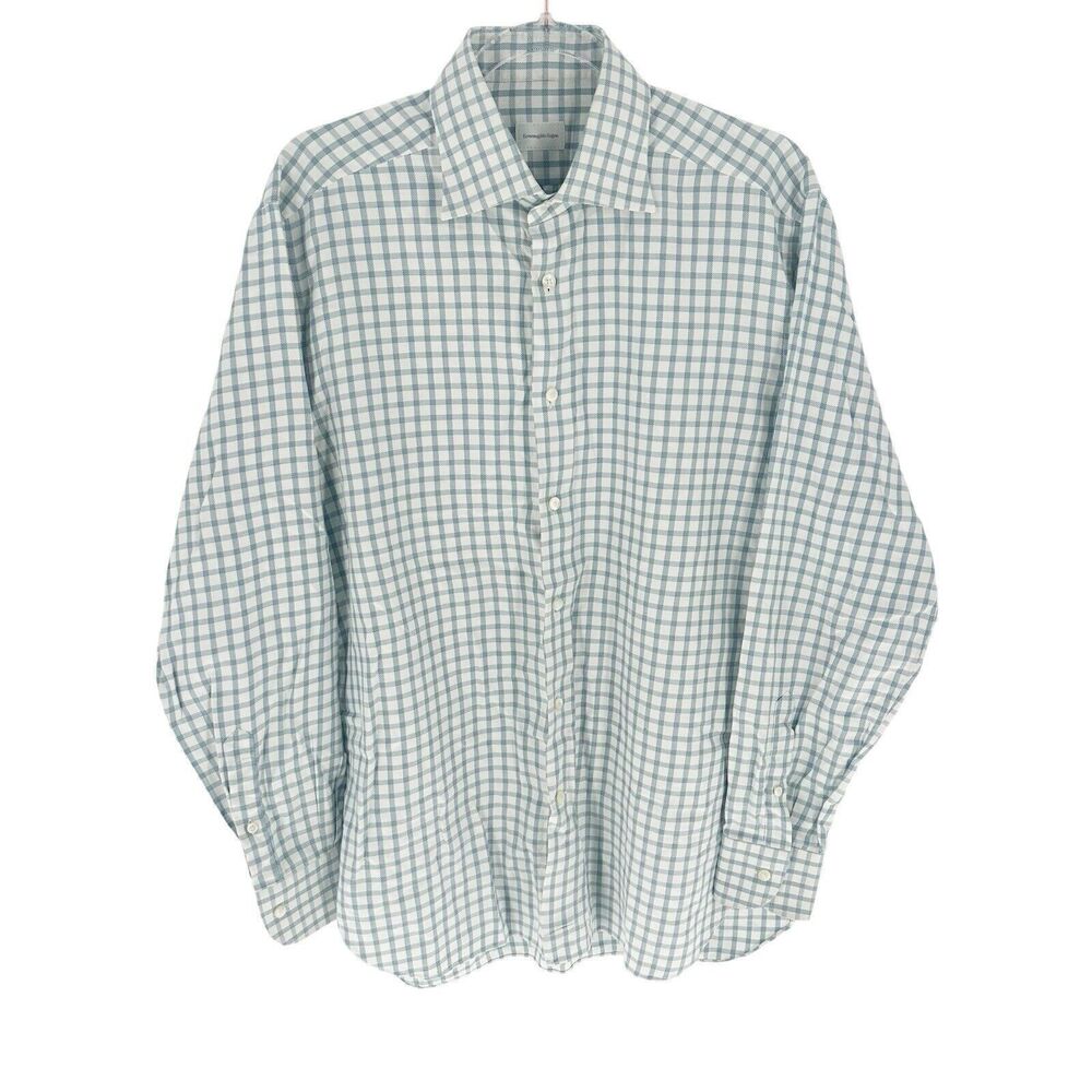 Ermenegildo Zegna Shirt Mens 42 16.5 White Blue Check Long Sleeve Button Down